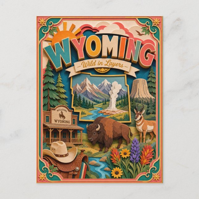 PopCut stater Wyoming Färgglad 3D Papperskonst Vykort (Framsida)