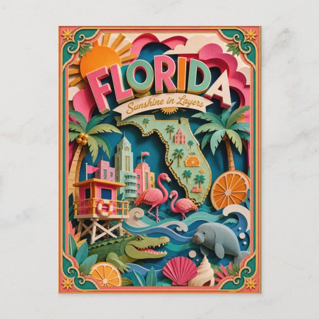 PopCut staterna Florida Färgglad 3D-papperskonst Vykort (Framsida)