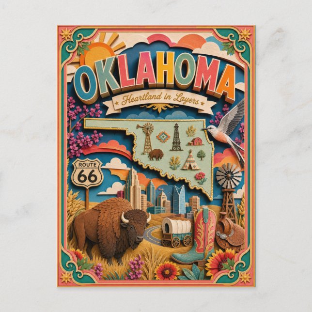 PopCut staterna Oklahoma Färgglad 3D Papperskonst Vykort (Framsida)