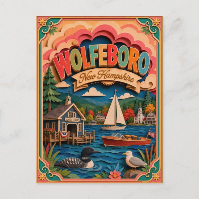 PopCut States Wolfeboro New Hampshire Papperskonst Vykort (Framsida)