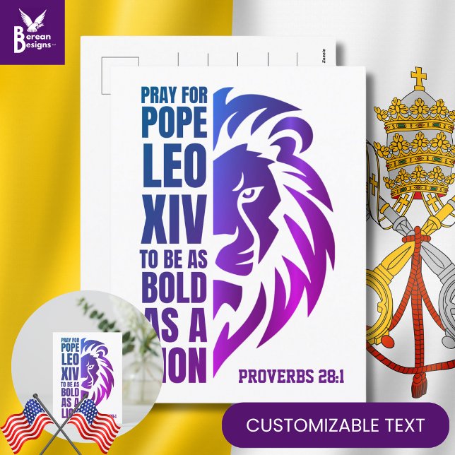 POPE LEO XIV Pray Bold Lejon kristen katolsk Helg Vykort (Celebrate the new pope with this PRAY FOR POPE LEO XIV postcard with CUSTOMIZABLE TEXT for Catholics)