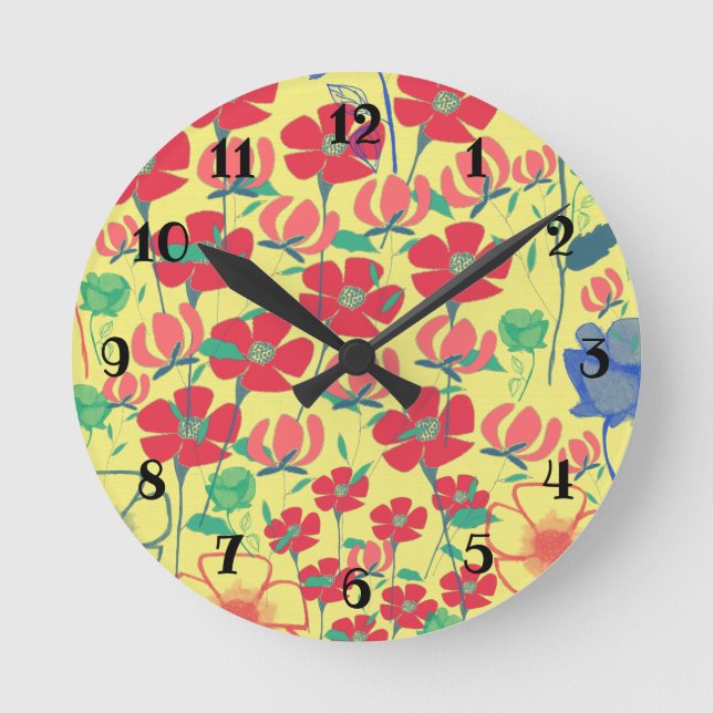 Popies Garden Gult Wall Clock Rund Klocka (Framsida)
