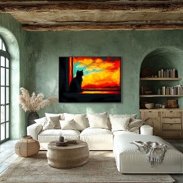 Popkonst Katt vid solnedgång - Utsikt från fönster Poster