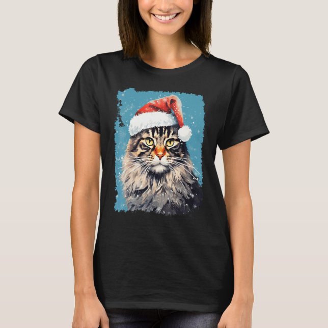 Popkonst Maine Coon Katt Jul Blå T Shirt (Framsida)