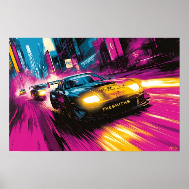 Popkonst Racing Car Neon Stad Väggkonst (Framsidan)