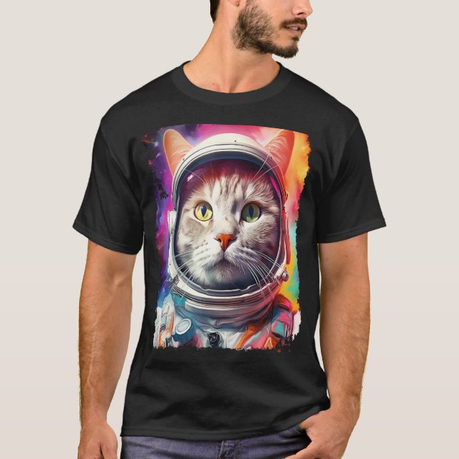 Popkonst Vit Katt Rymdutforskning T Shirt (Framsida)