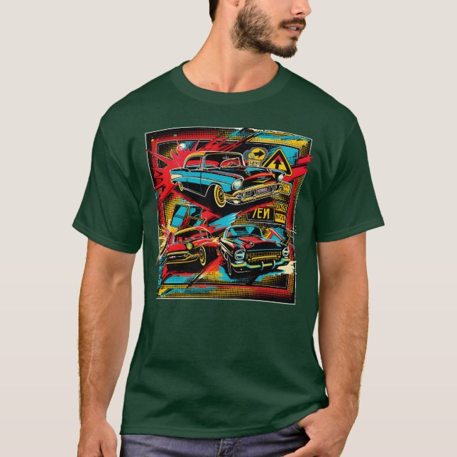 Popkonstcollage av vintagebilar present till vän t shirt (Framsida)