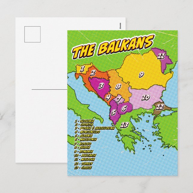 Popkonstillustrerad Balkan-karta Helg Vykort (Fram/baksida)