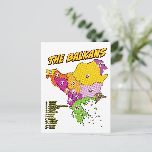 Popkonstillustrerad Balkan-karta Vykort (Stående Fram)