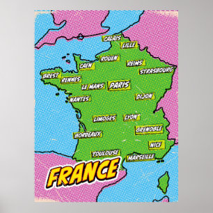 Popkonstillustrerad Frankrike-karta Poster