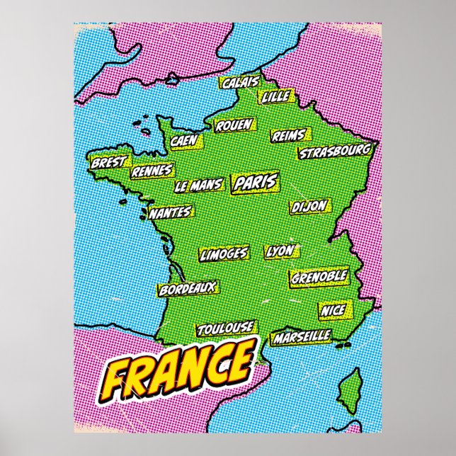 Popkonstillustrerad Frankrike-karta Poster (Framsidan)