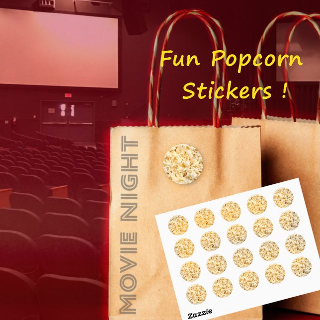 Popmajsmärken, lakan runt klistermärke (Popcorn stickers for movie night, circus party and more)