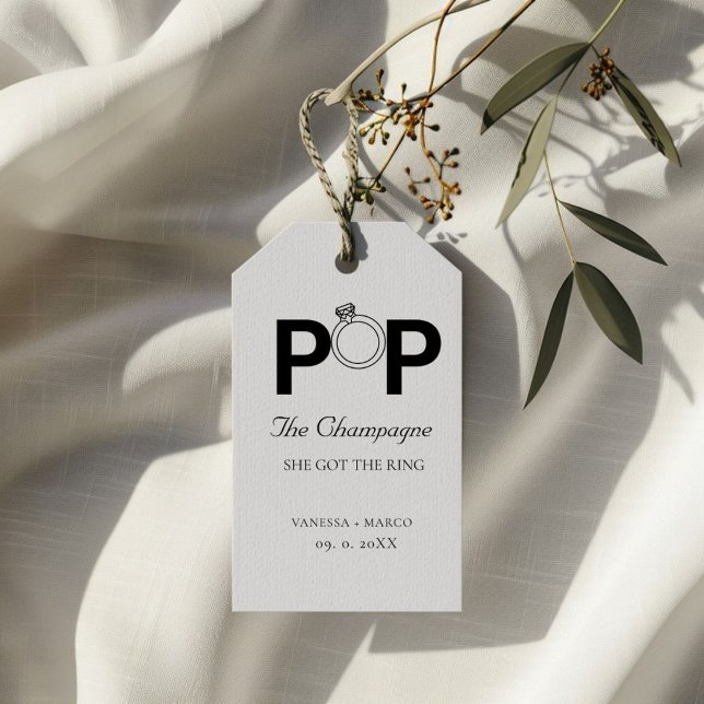 Poppa champagne hon fick ringen förlovningsdel presentetikett (Skapare uppladdad)