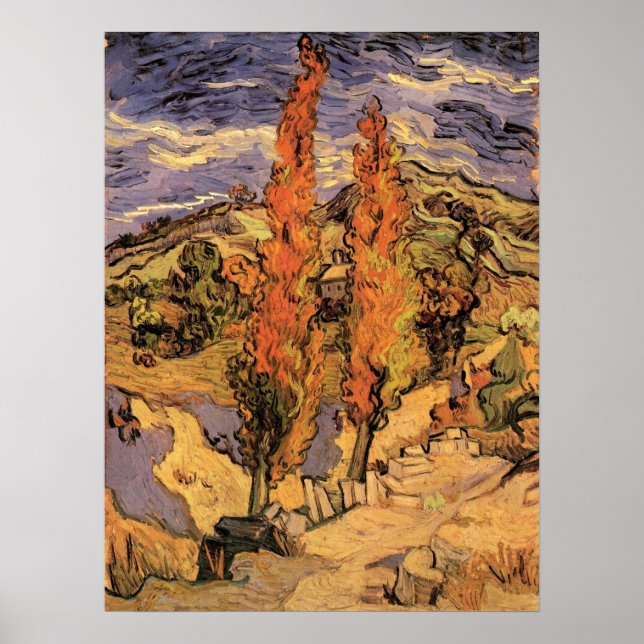 Poppelträd vid väg genom kullar av Vincent van Gog Poster (Framsidan)