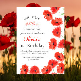Poppies 1:a Birthday Girl Red Blommigt Inbjudningar