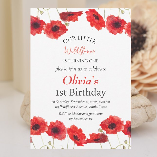 Poppies 1:a Birthday Girl Red Blommigt Inbjudningar (Skapare uppladdad)