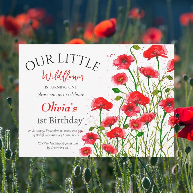 Poppies 1:a Birthday Girl Red Blommigt Inbjudningar (Skapare uppladdad)