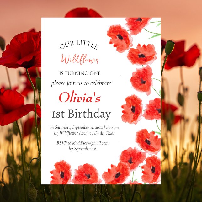 Poppies 1:a Birthday Girl Red Blommigt Inbjudningar (Skapare uppladdad)