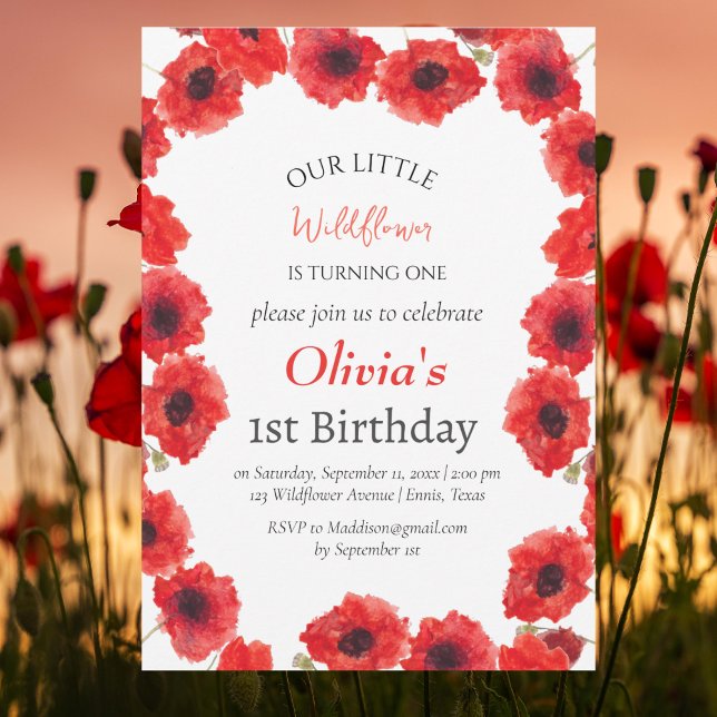 Poppies 1:a Birthday Girl Red Blommigt Inbjudningar (Skapare uppladdad)