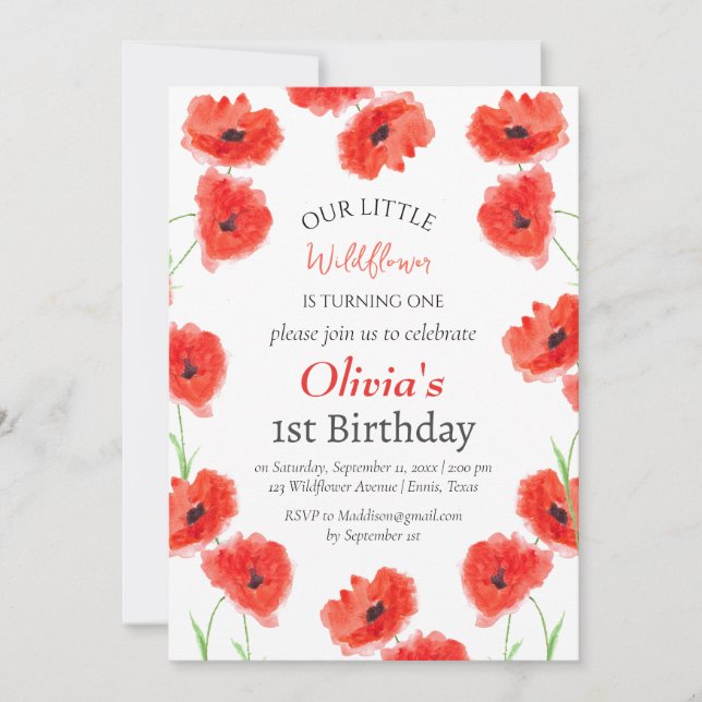 Poppies 1:a Birthday Girl Red Blommigt Inbjudningar (Framsida)