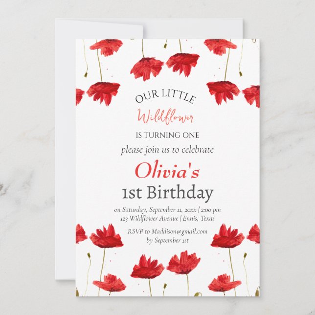 Poppies 1:a Birthday Girl Red Blommigt Inbjudningar (Framsida)