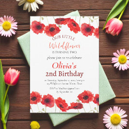Poppies 2nd Second Birthday Girl Red Floral  Inbjudningar