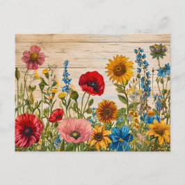 Poppies and Wildflowers on Soft Rustic Wood Vykort
