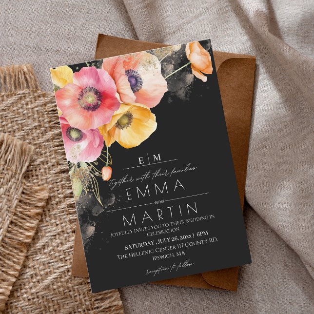 Poppies Blommigt Red & Black Guld Bröllop Inbjudningar (Skapare uppladdad)