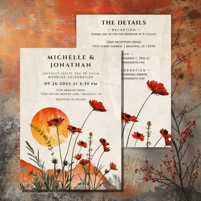 Poppies Boho Wildblommor Sunset All in One Bröllop Inbjudningar (Poppies Boho Wildflowers Sunset All in One Wedding Invitation)