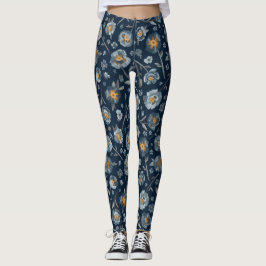 Poppies Charming Blue Grått Gult Poppy Blommigt Leggings