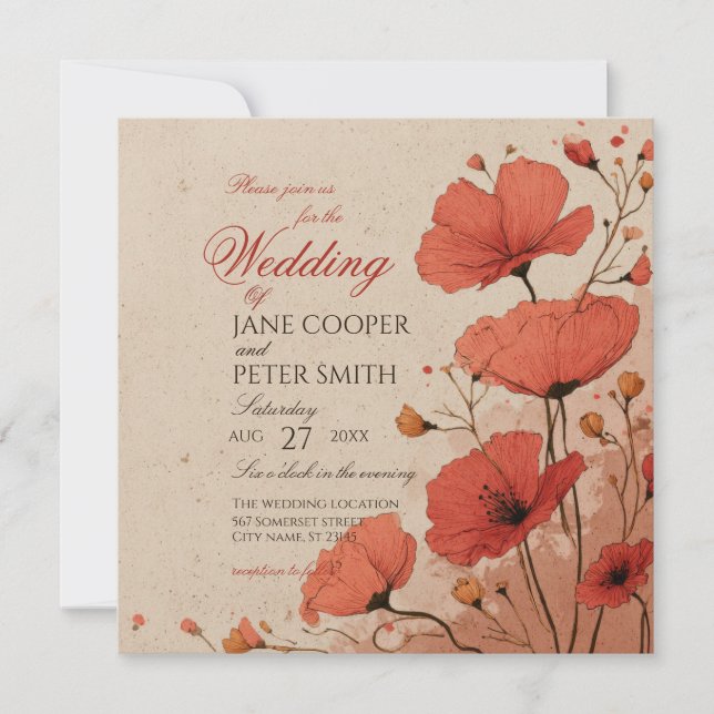 Poppies floral Wedding Invitation Inbjudningar (Framsida)