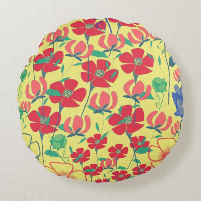 Poppies Garden Gult Round Cushion Rund Kudde (Framsidan)