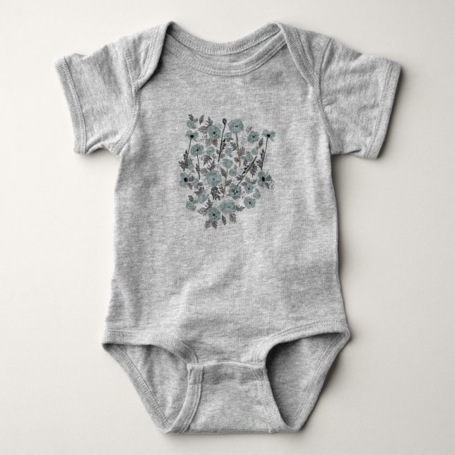 Poppies Grått Blåa blommor Baby T Shirt (Framsida)