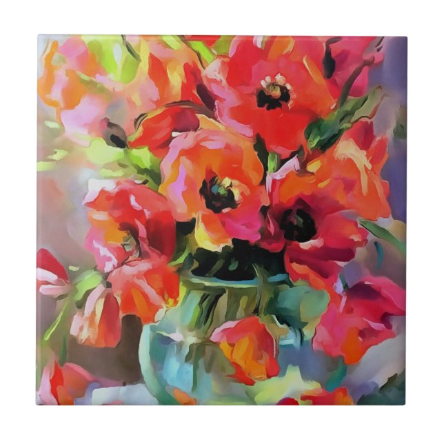 Poppies i ett glas Vas Kakelplatta (Framsidan)