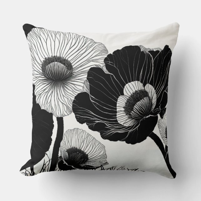 Poppies i Svarta Teckning Kudde (Framsida)