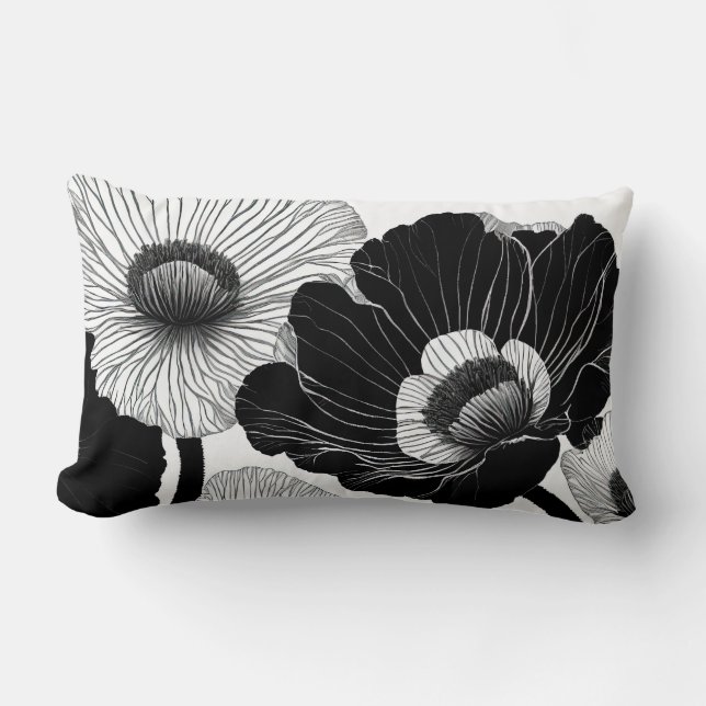 Poppies i Svarta Teckning Lumbarkudde (Framsida)