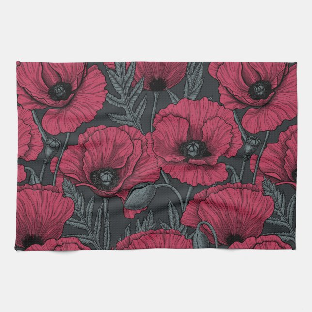 Poppies in Viva Magenta Kökshandduk (Horisontell)