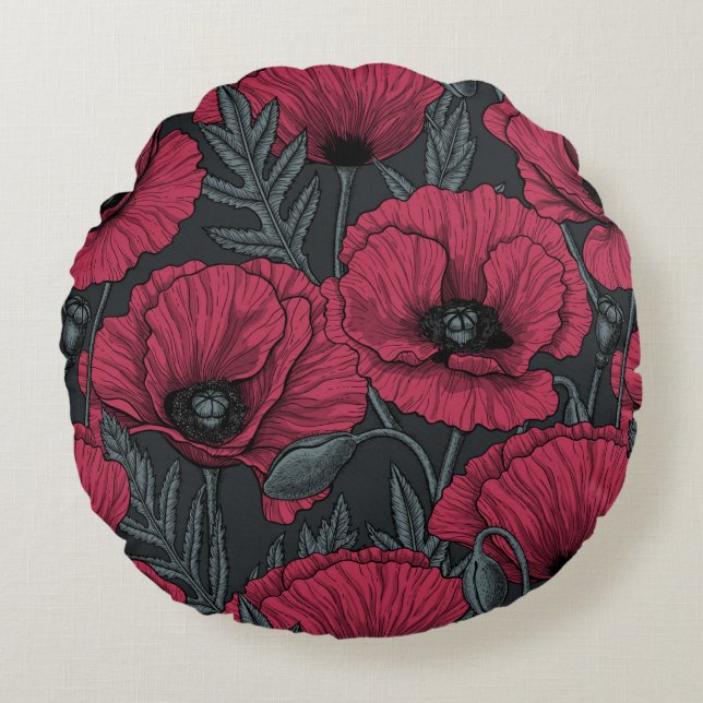 Poppies in Viva Magenta Rund Kudde (Framsidan)