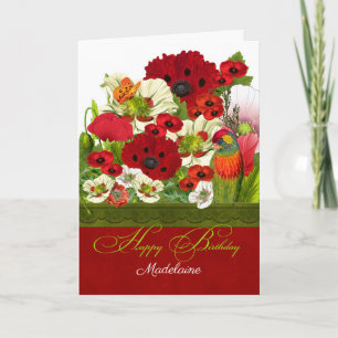 Poppies med Lorikeet Parrot och Namn Birthday Kort