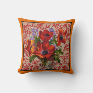 Poppies med Orange Gräns Dekorativ kudde