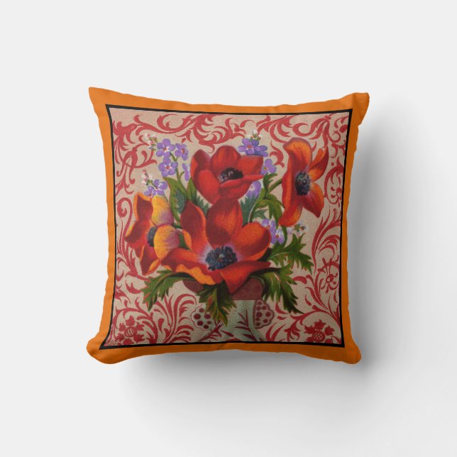 Poppies med Orange Gräns Dekorativ kudde (Framsida)