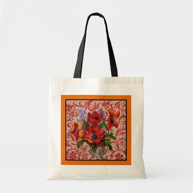 Poppies med Orange Gräns Tote Bag Tygkasse (Framsidan)
