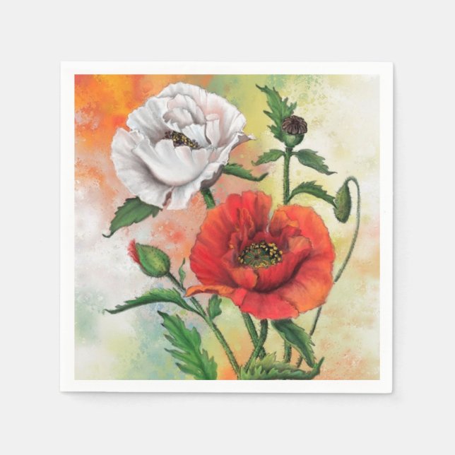 Poppies Napkins Poppy Flowers Pappersservett (Framsidan)