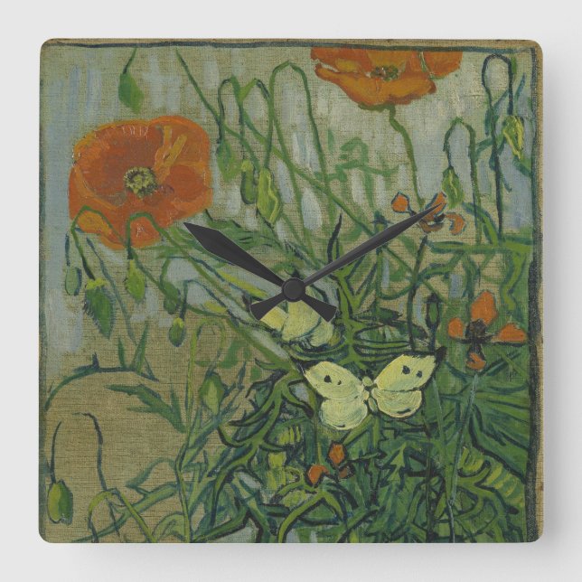 Poppies och Butterflies av Vincent Van Gogh Fyrkantig Klocka (Framsida)
