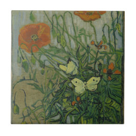 Poppies och Butterflies av Vincent Van Gogh Kakelplatta