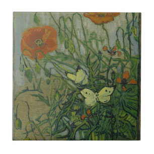 Poppies och Butterflies av Vincent Van Gogh Kakelplatta