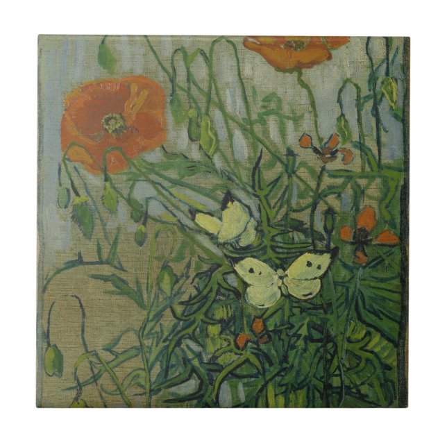 Poppies och Butterflies av Vincent Van Gogh Kakelplatta (Framsidan)