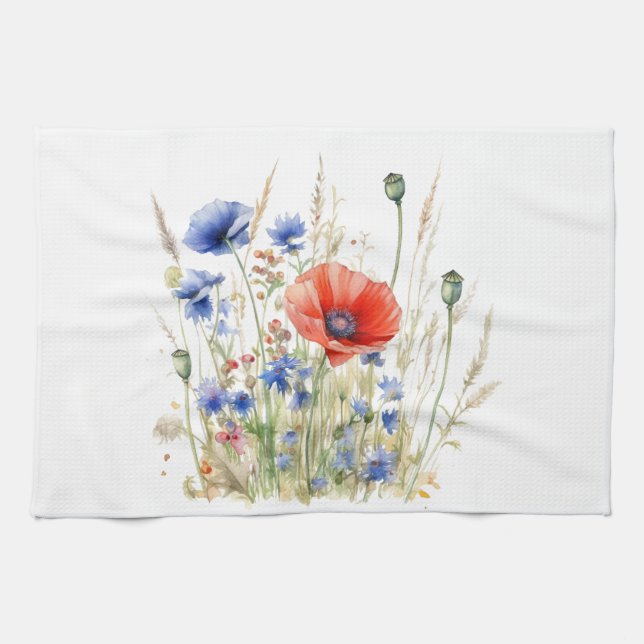 Poppies och kornblommor: Rustic Meadow Watercolor Kökshandduk (Horisontell)