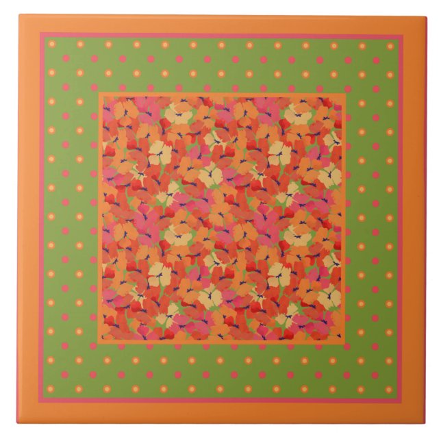 Poppies och Polka dots Gräns Mönster om Grönt Kakelplatta (Framsidan)