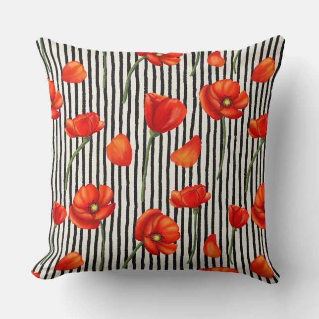 Poppies och rand mönster kudde (Framsida)